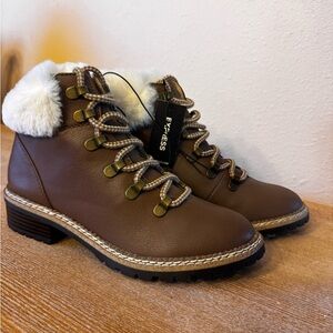 Express Brown Lace Up Boots with Cream Fur Trim